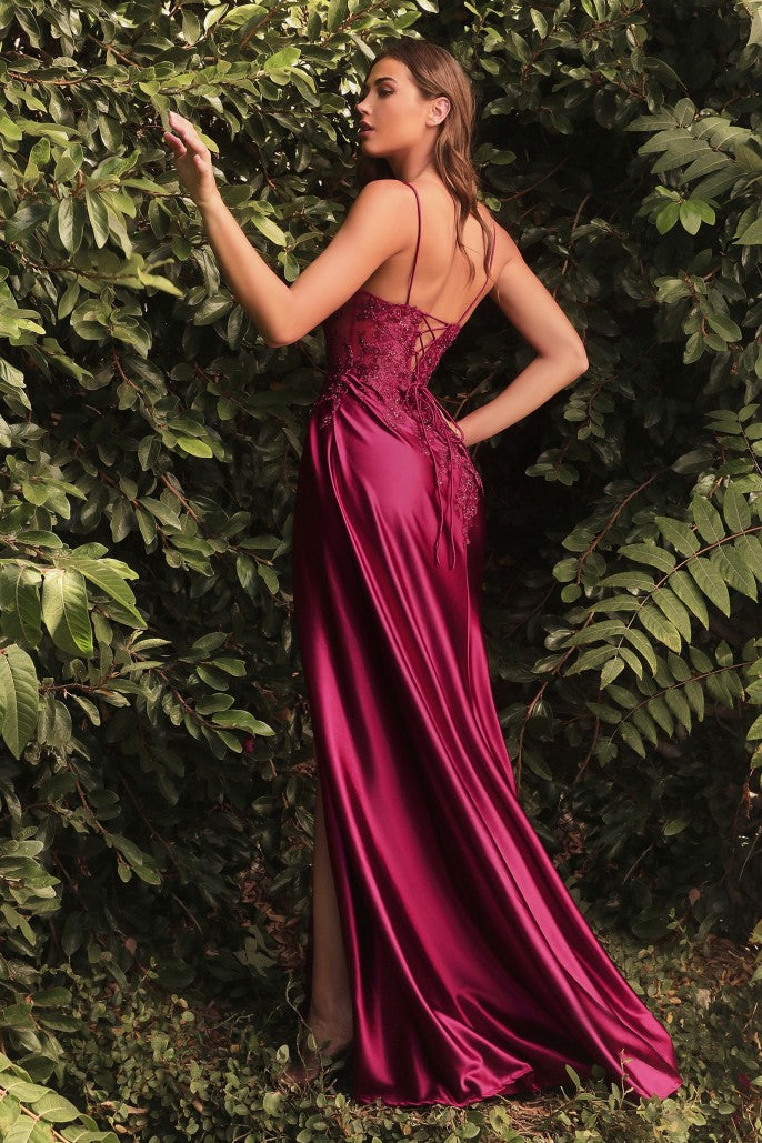 Satin evening gown with spaghetti straps, lace-up corset back, lace applique detail, and floor-length formal skirt by VEDRESS